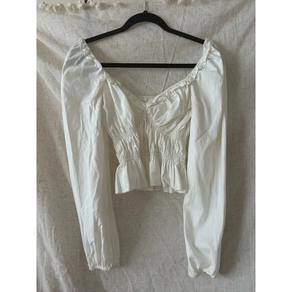 Reformation Fern White Poplin Peplum Long Sleeve Top Sz. S